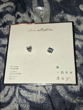 a new day Silver-Plated Clear Cubic Zirconia Stud Earrings